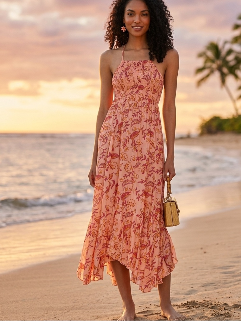 Floral Halter High-Low Midi Dress - Pink Floral